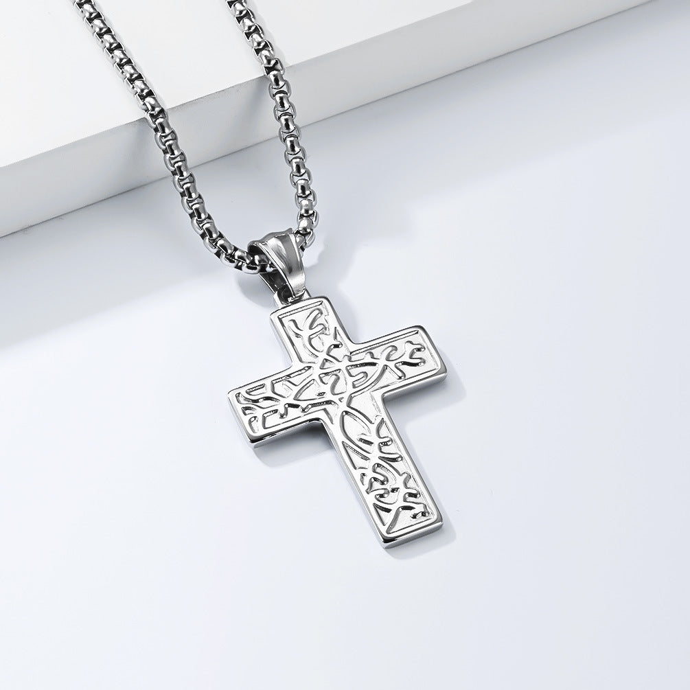 Vintage Tree of Life Cross Stainless Steel Men's Pendant Necklace