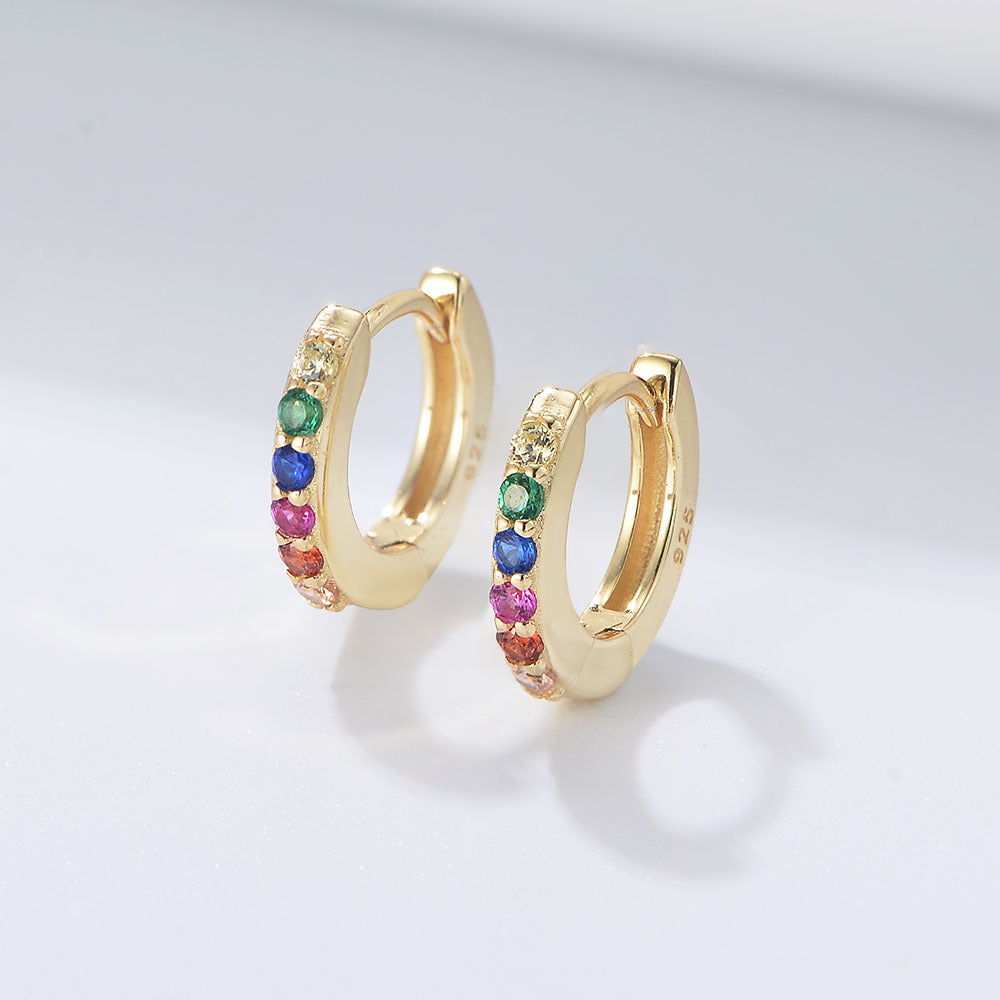 S925 Sterling Silver Round Micro-Inlaid Colored Zircon Ear Buckle Earrings