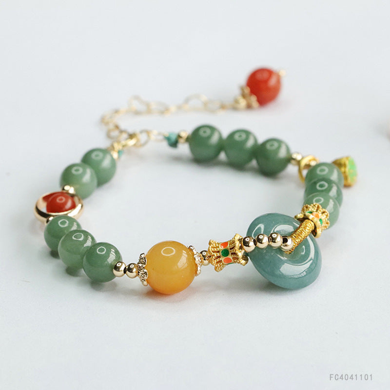 Blue Water Jadeite Peace Buckle & Round Bead 7 mm Bracelet