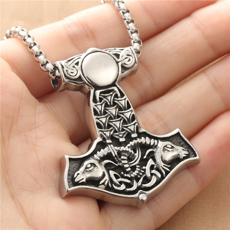 Titanium Steel Viking Raytheon Hammer Pendant Necklace - Retro Punk Style for Men