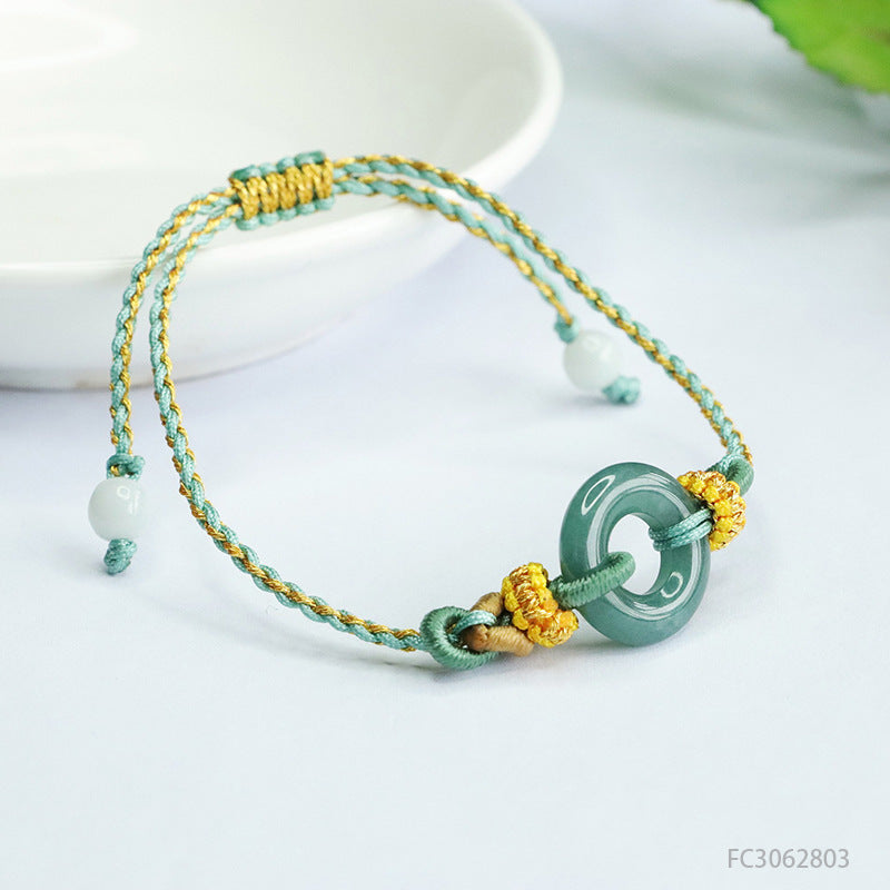 Blue Water Jadeite Peace Ring Cord Bracelet