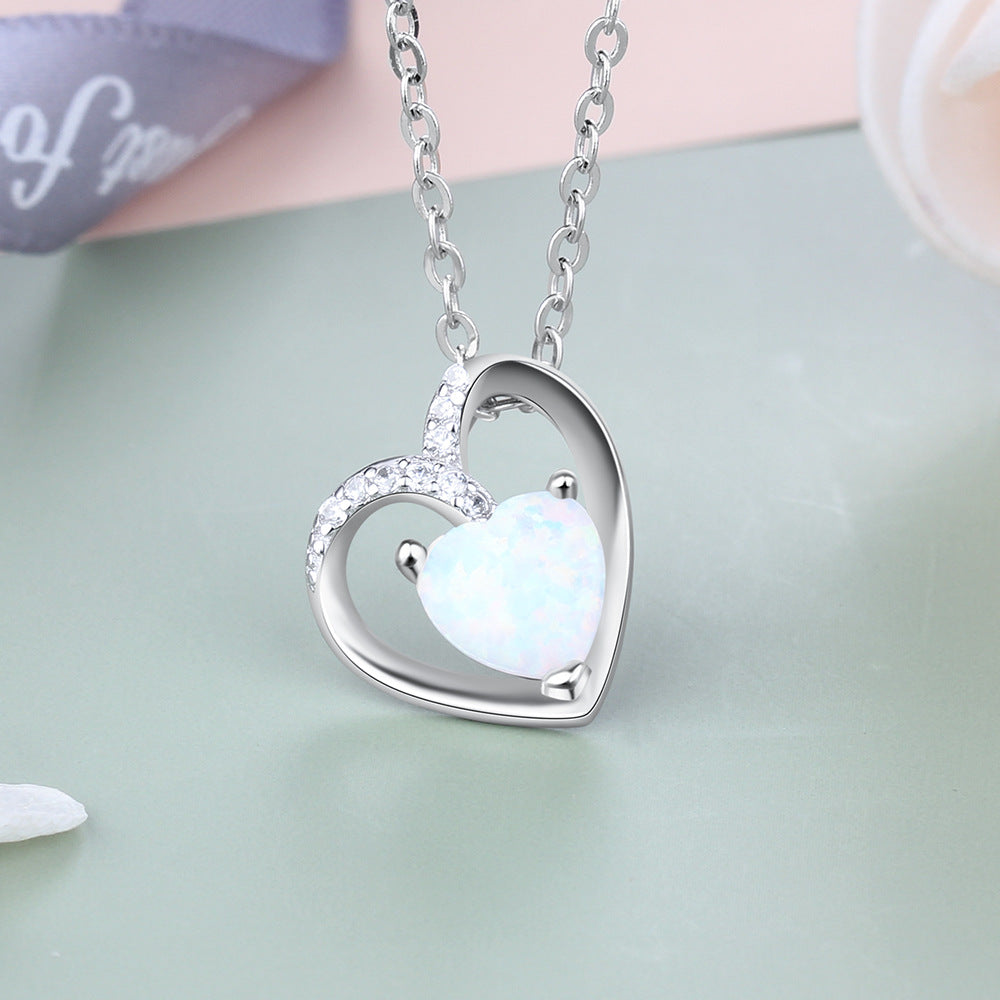 Planderful Jewelry Opal Heart Necklace in Sterling Silver Pendant for Everyday Elegance