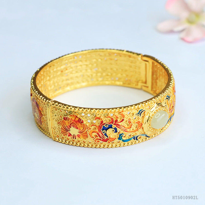 Qingshui Hetian Jade Enamel Dragon & Phoenix Bangle