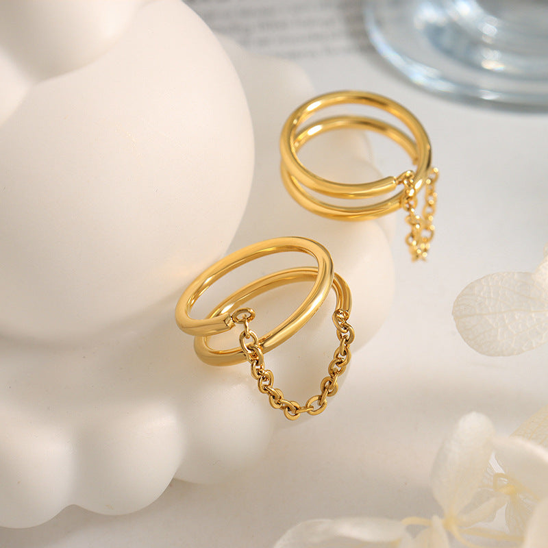 Elegant Double-Layer Chain Ring in 18K Gold-Plated Titanium Steel for Women, Retro Style