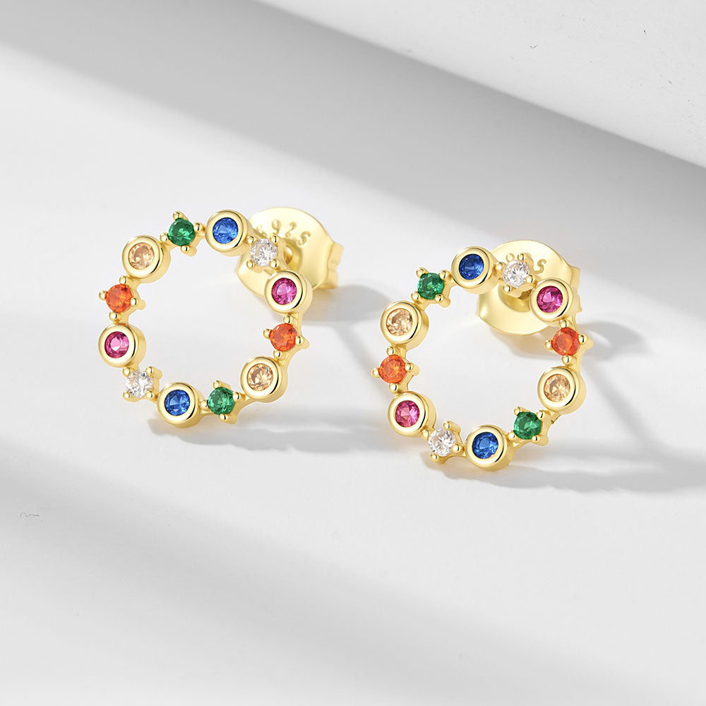 Color Zircon Hollow Circle Stud Earrings 925 Sterling Silver Retro Zircon Rainbow Earrings
