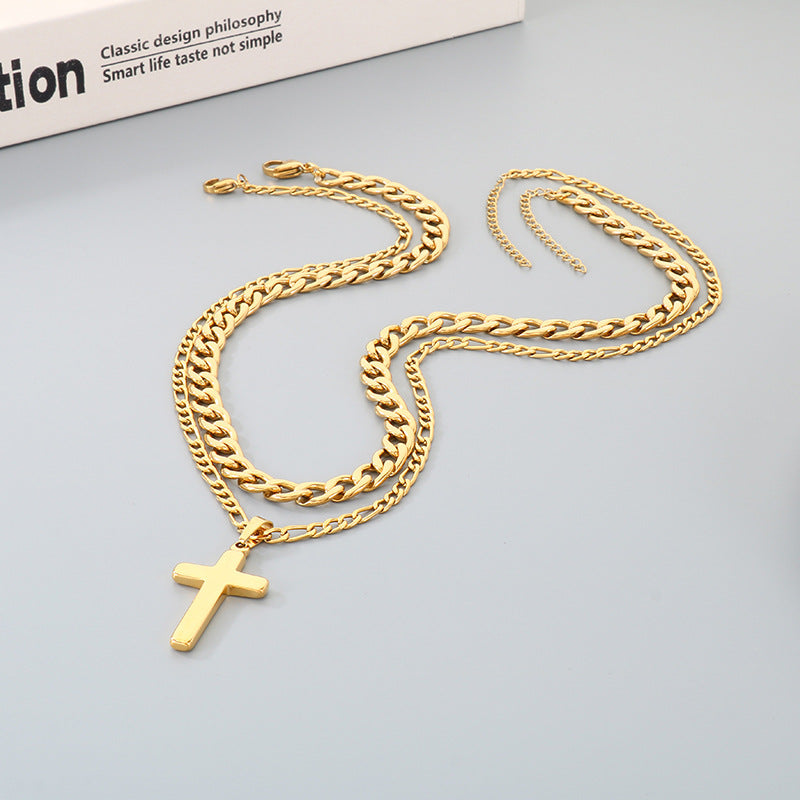 Retro Lettering Cross Necklace, And Nk Chain Double-Layer Stacked Stainless Steel Men's Necklace