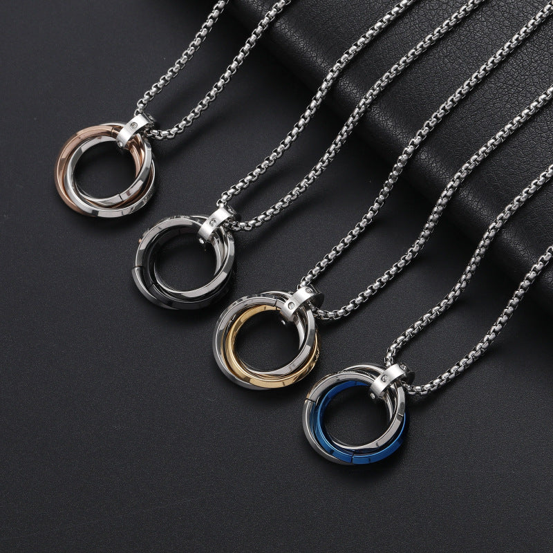 Mens Necklace Hip Hop Three Ring Pendant Titanium Steel Jewelry by Planderful Everyday Genie Collection