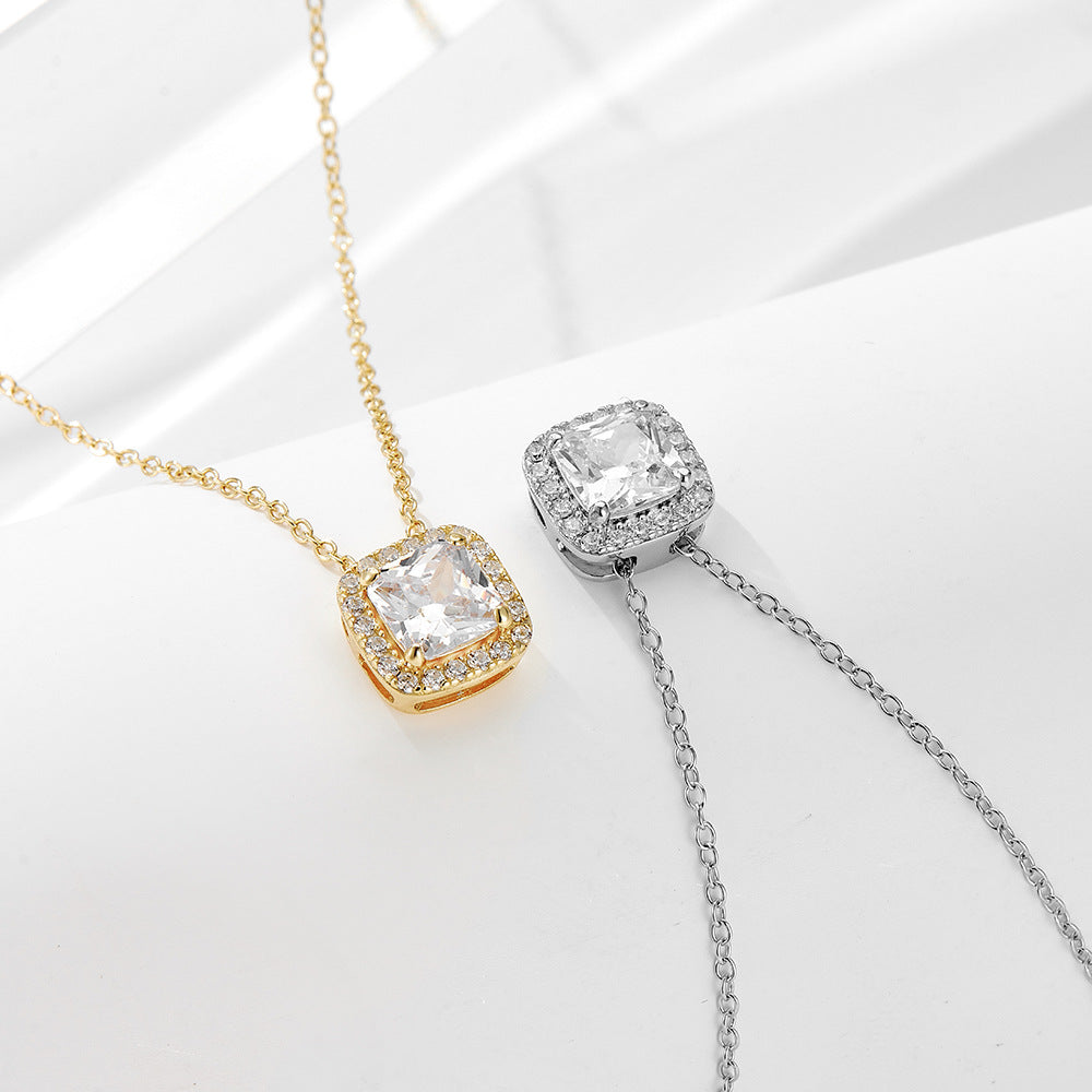 S925 Sterling Silver Geometric Square Zircon Pendant Necklace