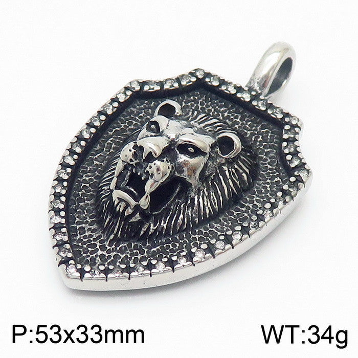 Retro Classic Hip-Hop Lion Head Shield Pendant with Zircon-Encrusted Wolf Head in Stainless Steel for Men
