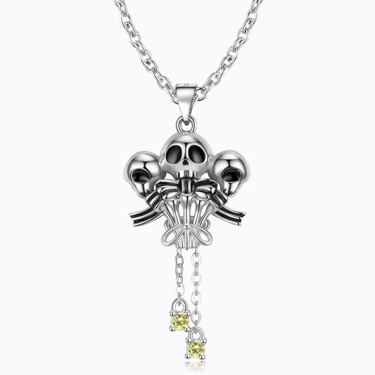 Halloween Three Sided Skull Head Tassel Zircon Silver Necklace