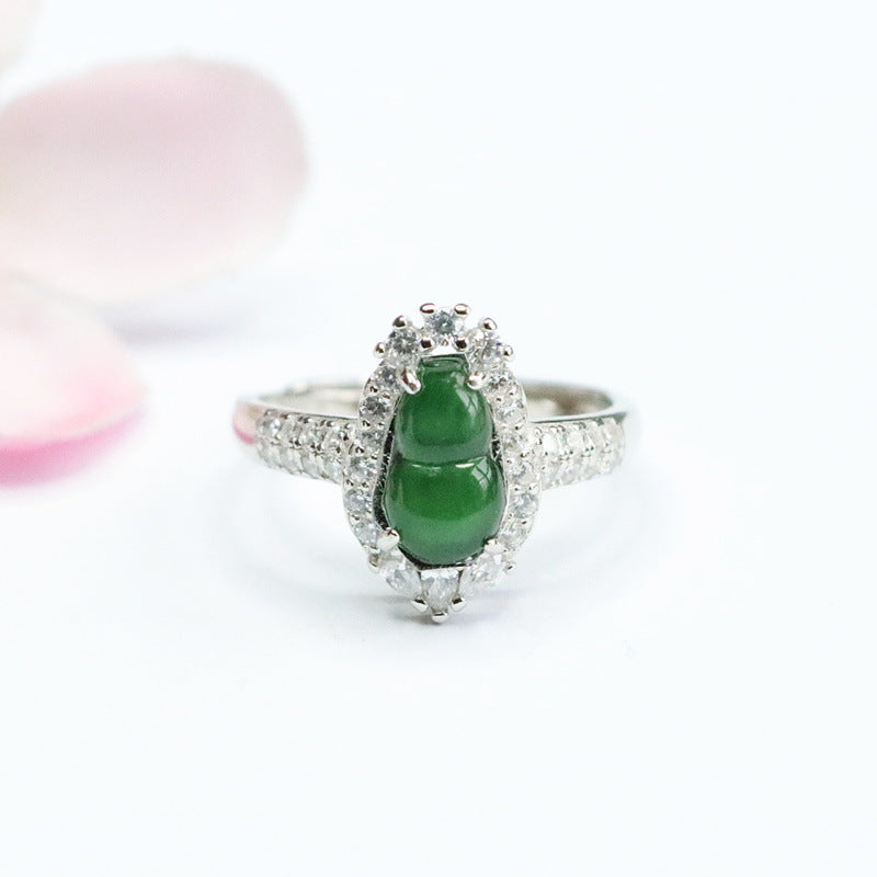 Icy Green Jadeite Gourd 925 Silver Ring