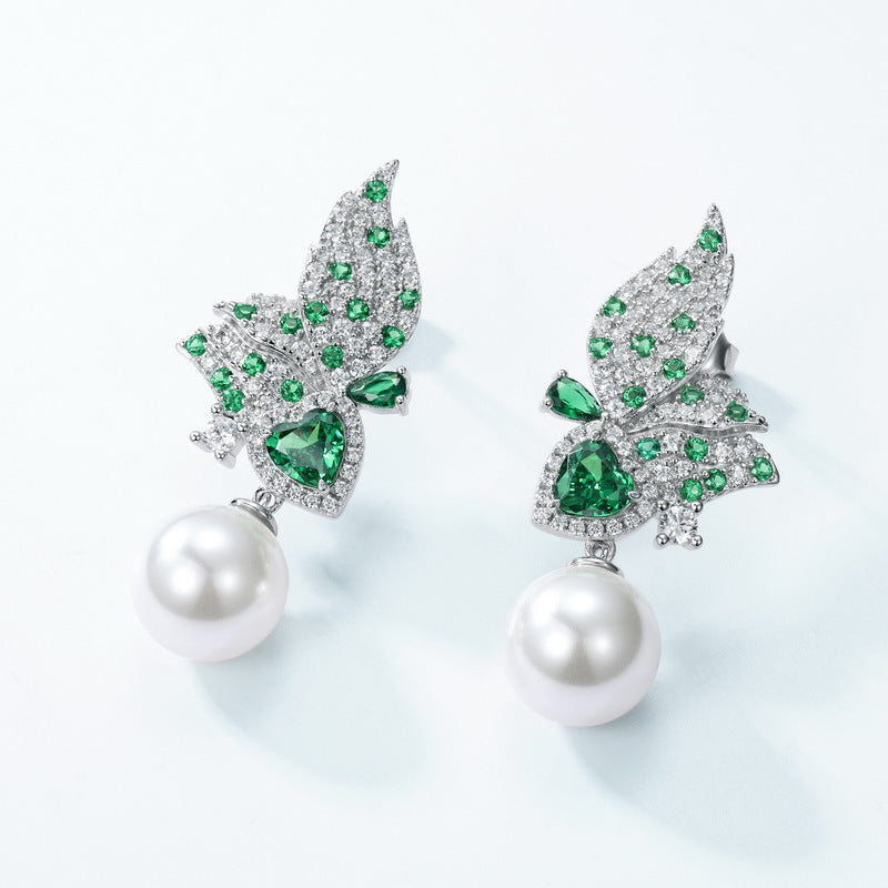 S925 Sterling Silver Gold-Plated Zircon & Pearl Butterfly Stud Earrings