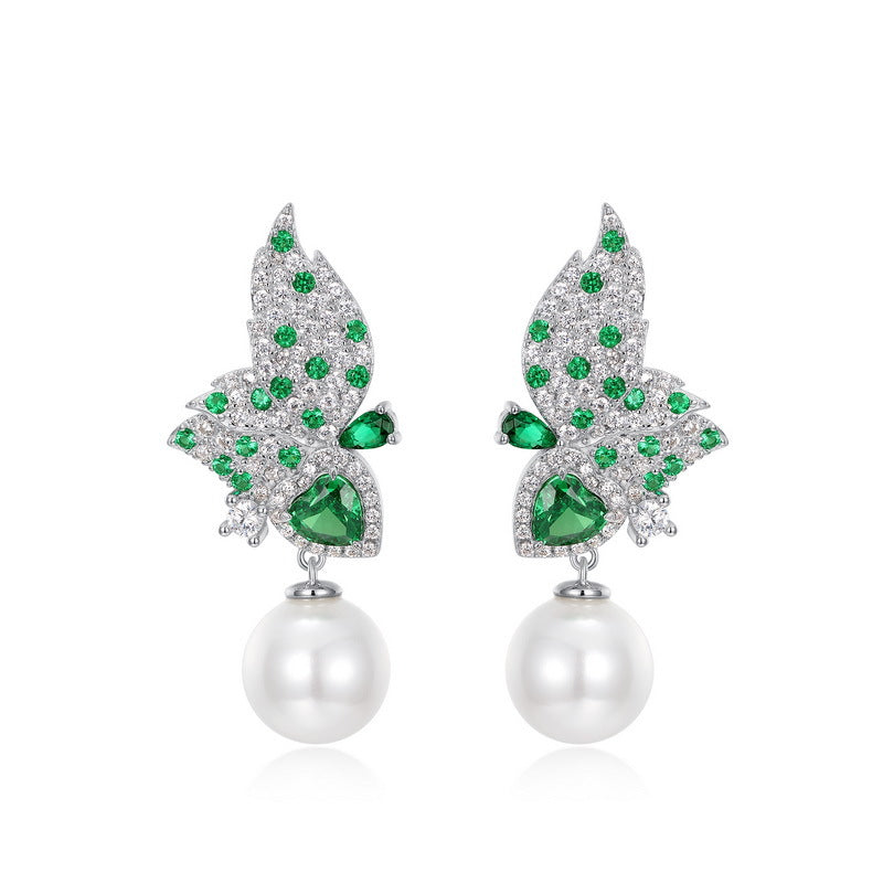 S925 Sterling Silver Gold-Plated Zircon & Pearl Butterfly Stud Earrings