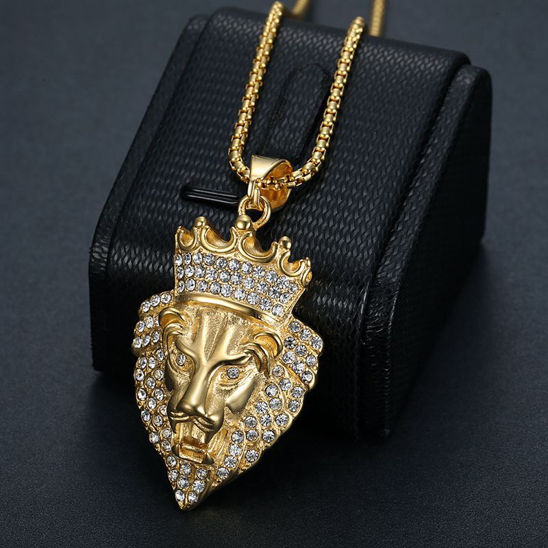 Planderful Hip Hop Lion Necklace Gold Plated Titanium Steel Rhinestone Crown Pendant For Hip Hop Fans