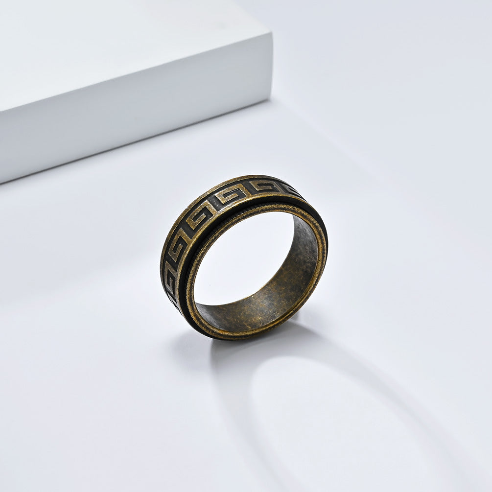 Planderful Rotatable Decompression Ring For Men With Retro Great Wall Pattern In Titanium Steel