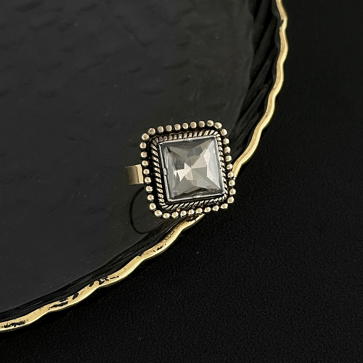 Planderful Vienna Verve Vintage Geometric Inlaid Zircon Open Ring Handcrafted Statement Jewelry For Women