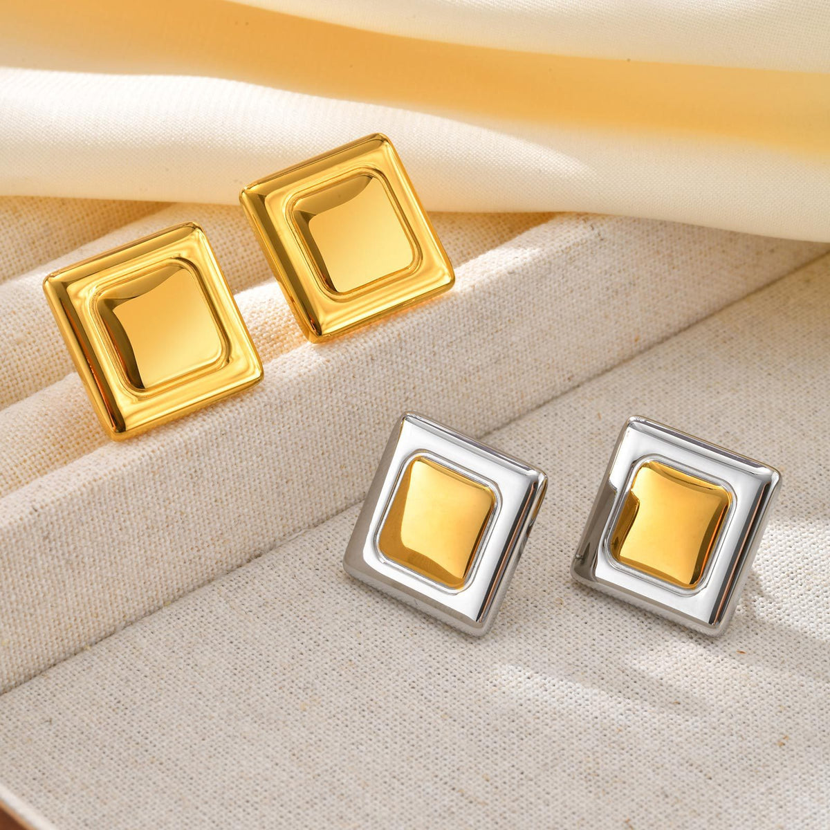 Geometric Square Stud Earrings — Gold or Two-Tone