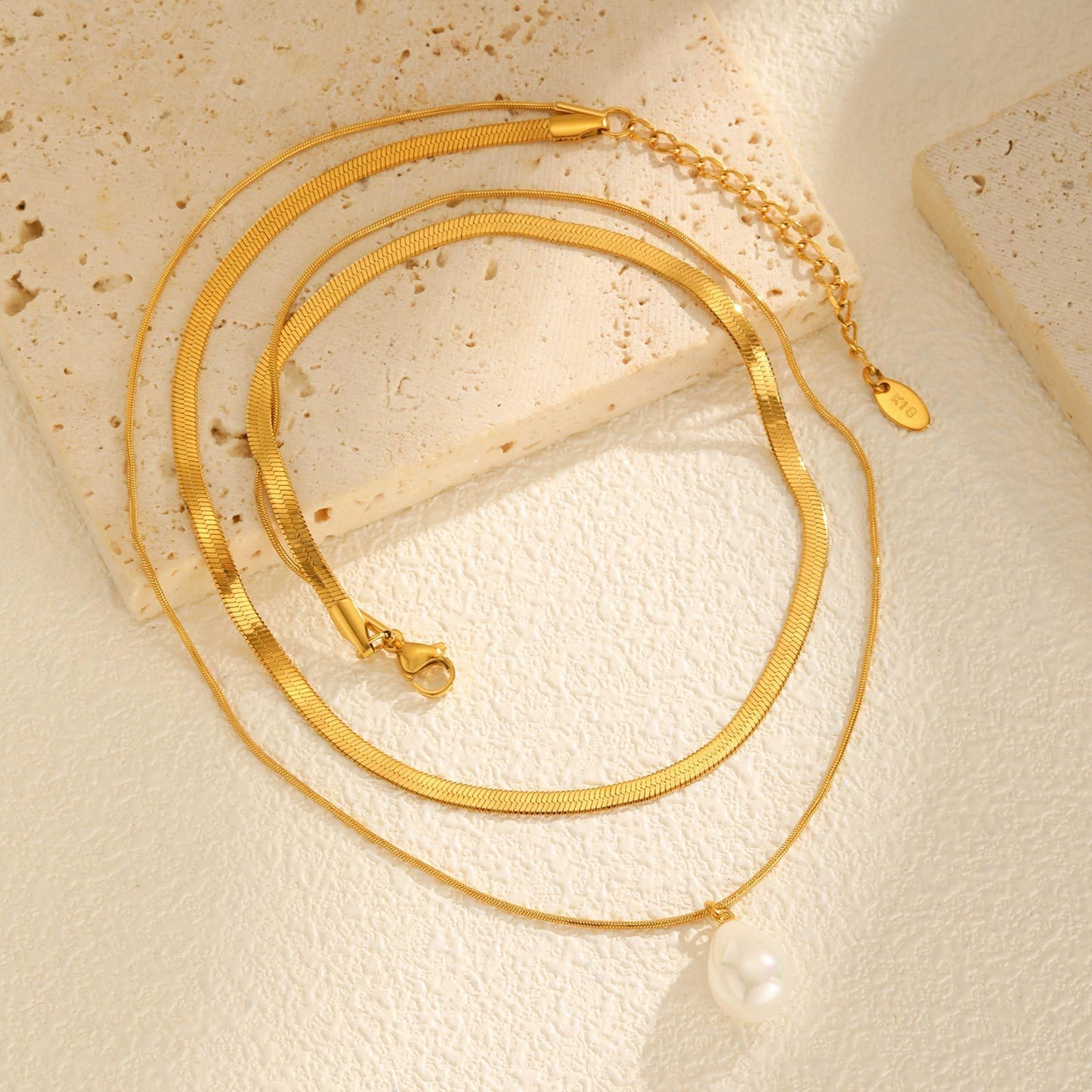 Stainless Steel Water Drop Pearl Double Stacked Necklace Ladies Collarbone Chain