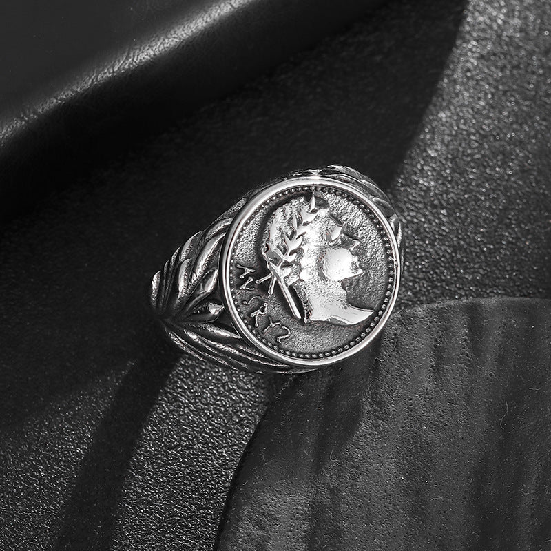 Planderful Caesar Ring Stainless Steel With Retro Gold Coin Casting Roman Empire Portrait Unisex Ring Sizes 7 To 13