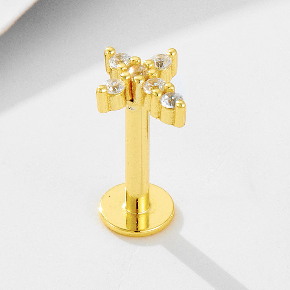 Planderful S925 Sterling Silver Cross Earrings With Zircon Flat Head For Cartilage Piercing Lovers