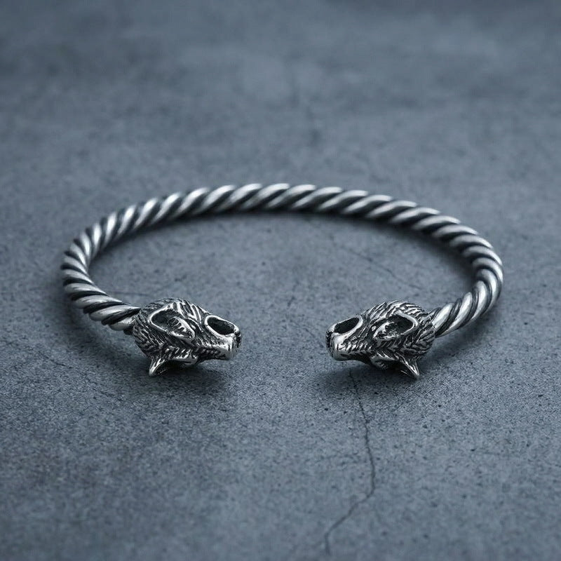 Skull C-Shaped Bracelet – Viking Wolf Head Twist Twist Leather Rope Stainless Steel Men's