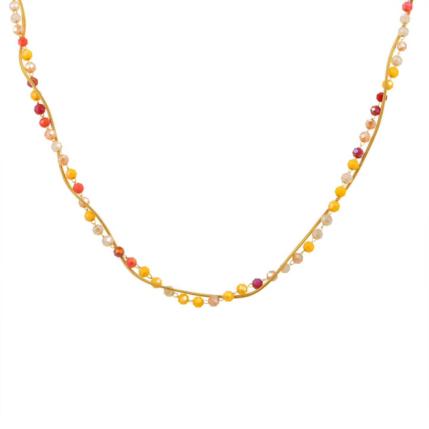Stainless Steel Round Snake Chain Red & Yellow Mixed Color Glass Section Beaded Necklace