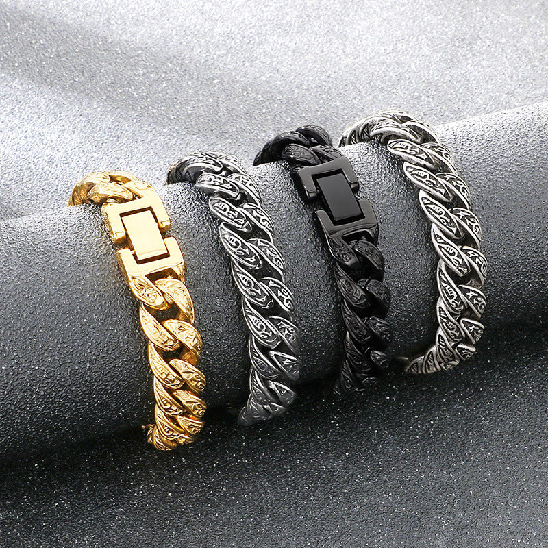 Cast Pattern – Punk Style 13mm Tang Grass Pattern Cuban Chain Titanium Steel Men's Bracelet