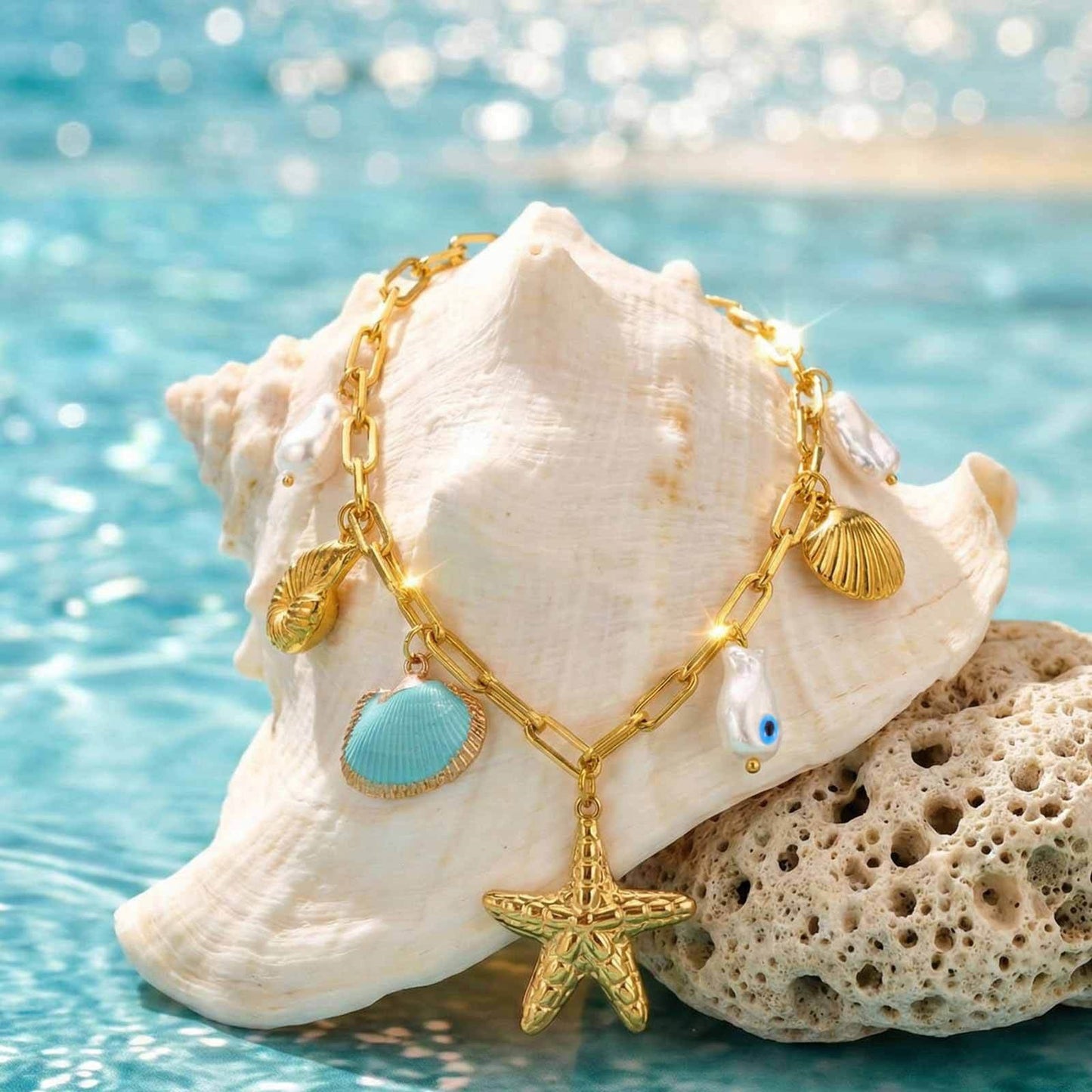 Ocean-Style Stainless Steel Pearl-Like Conch Shell Starfish Vacation Necklace