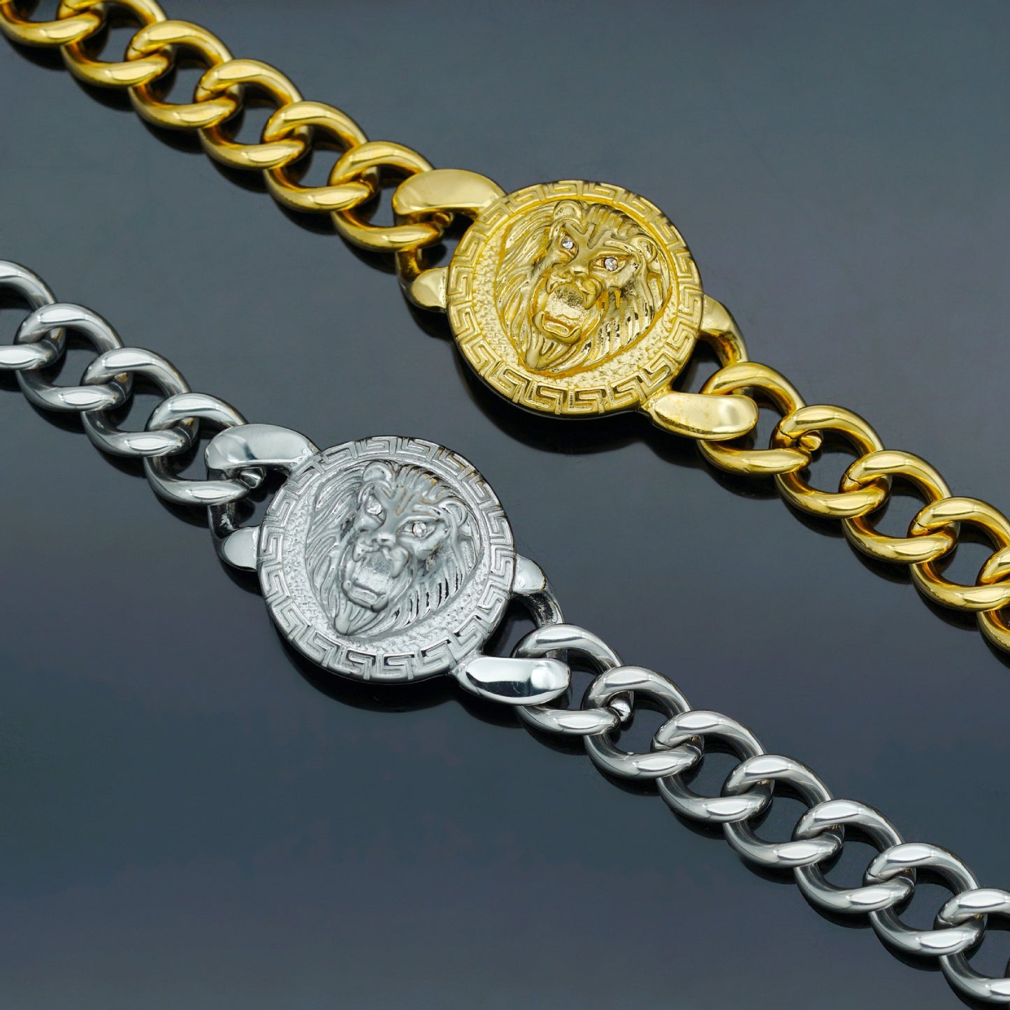 Planderful Stainless Steel Great Wall Pattern Lion Head Disc Cuban Chain Bracelet Unisex Protection Statement