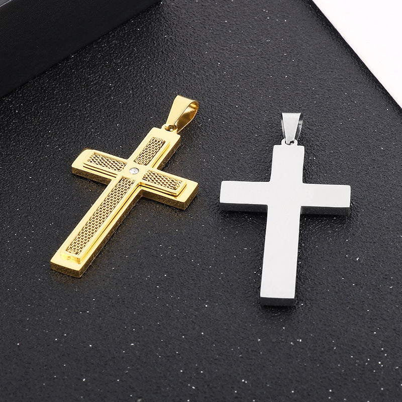 Street Pendant, Zircon Double-Layer Mesh Cross Stainless Steel Man Pendant Necklace