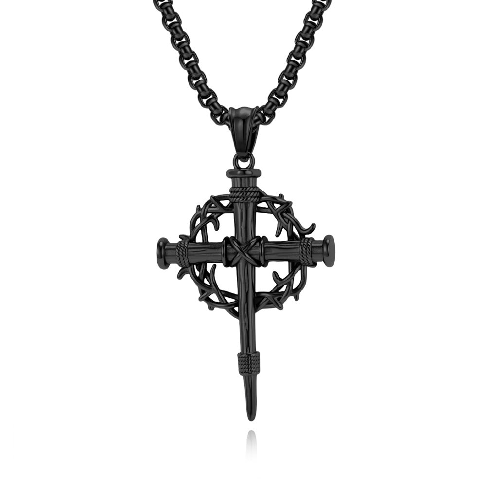 Steel Necklace – Statement Cross Pendant With Thorn Wreath Design For Hipster Street Style