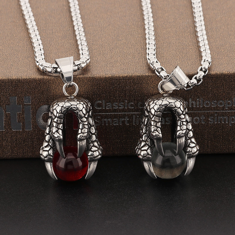 Bold Stainless Steel Dragon Claw Pendant with Red Bead - Retro European American Dominance for Men