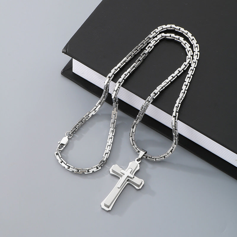Planderful Men Cross Necklace Bamboo ThreeLayer Titanium