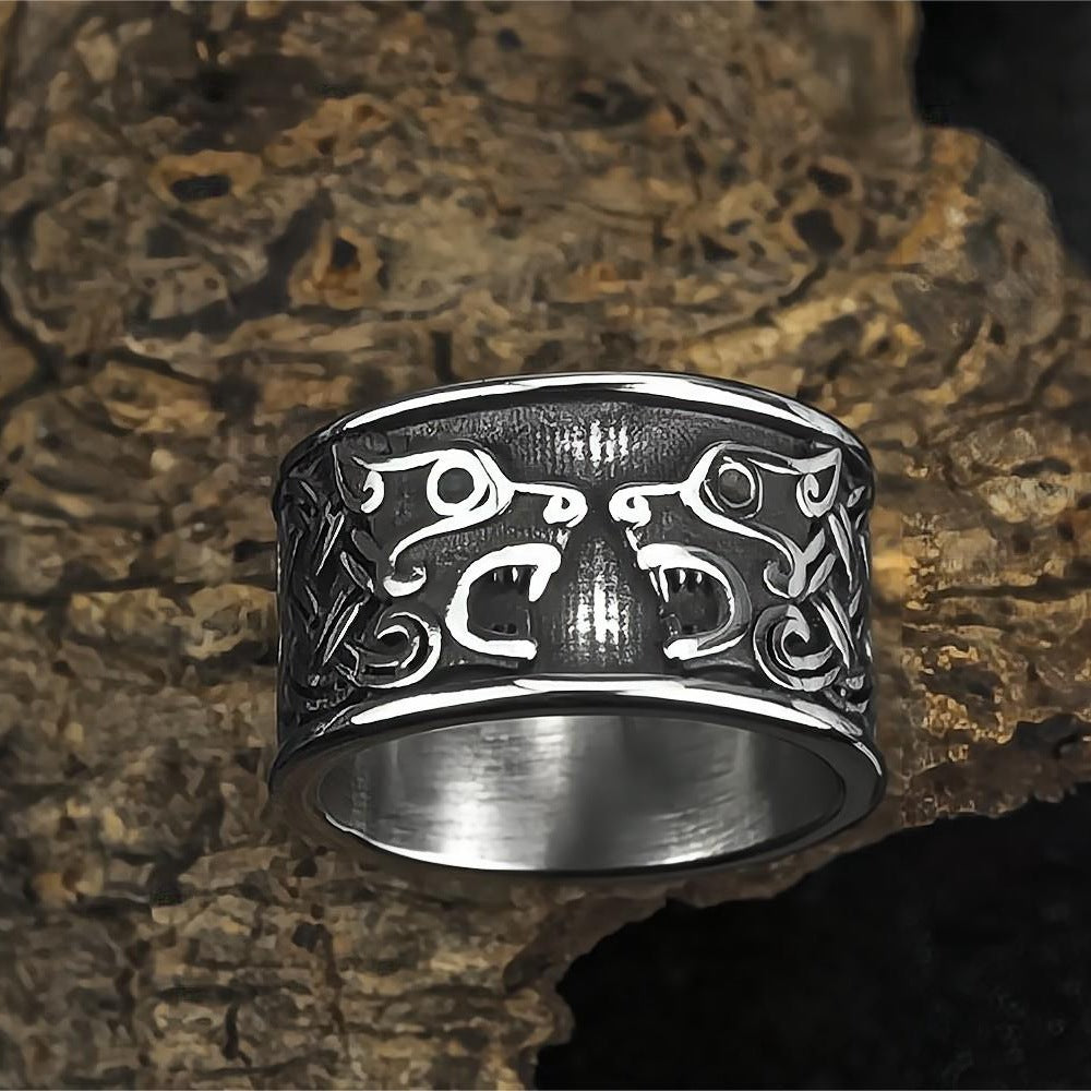 European and American Jewelry Wholesale Men's Titanium Steel Viking Double Wolf Head Ring