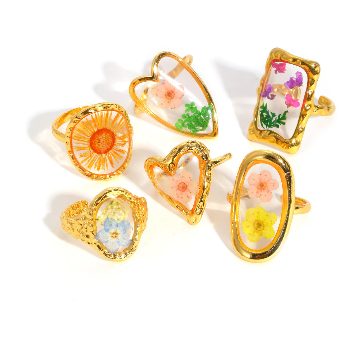 Stainless Steel Handmade Dried Flower Ring Women's Design Sense Round Heart-Shaped Glue