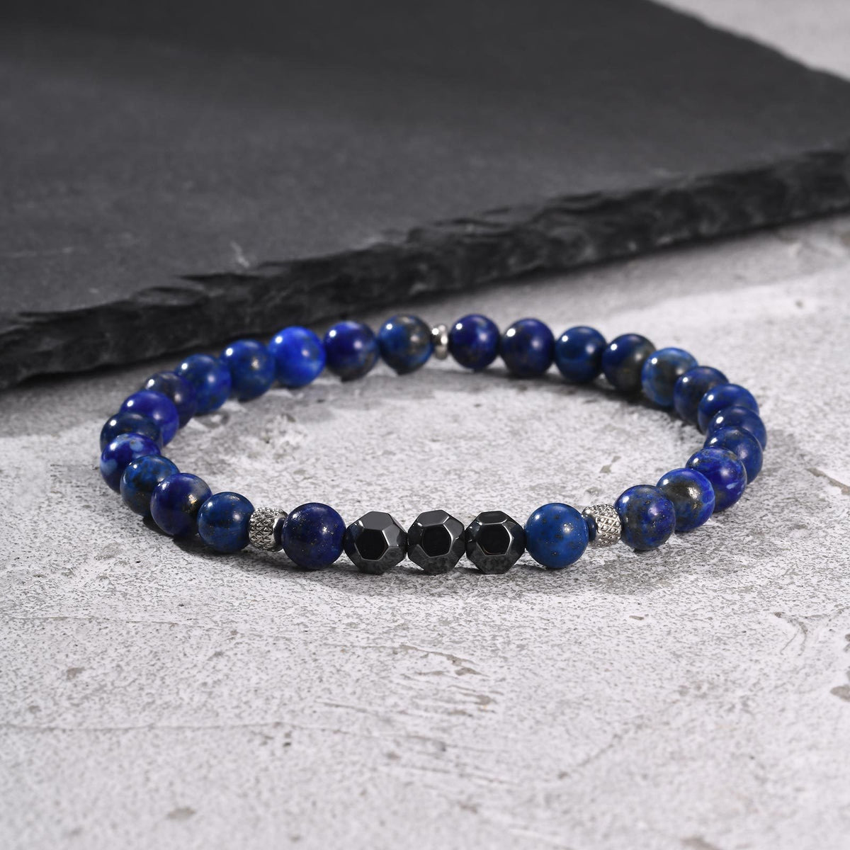 Flower Lapis Lazuli Vintage Black Stainless Steel Bracelet for Men