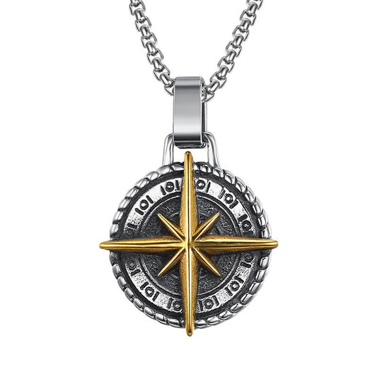 Retro Punk Men's Titanium Steel Compass Pendant Necklace - European and American Design