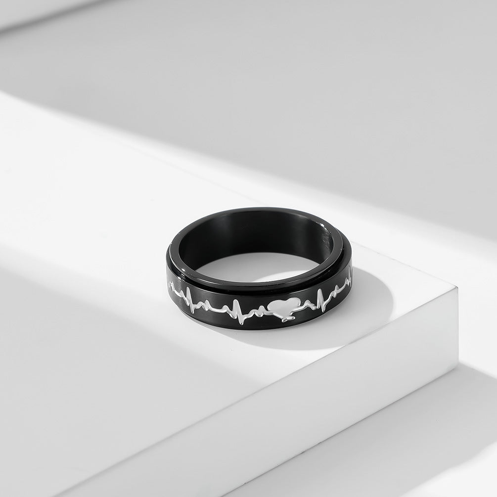 Stainless Steel Rotating Electrocardiogram Couple Ring – Heart Beat Stress-Relief Stainless