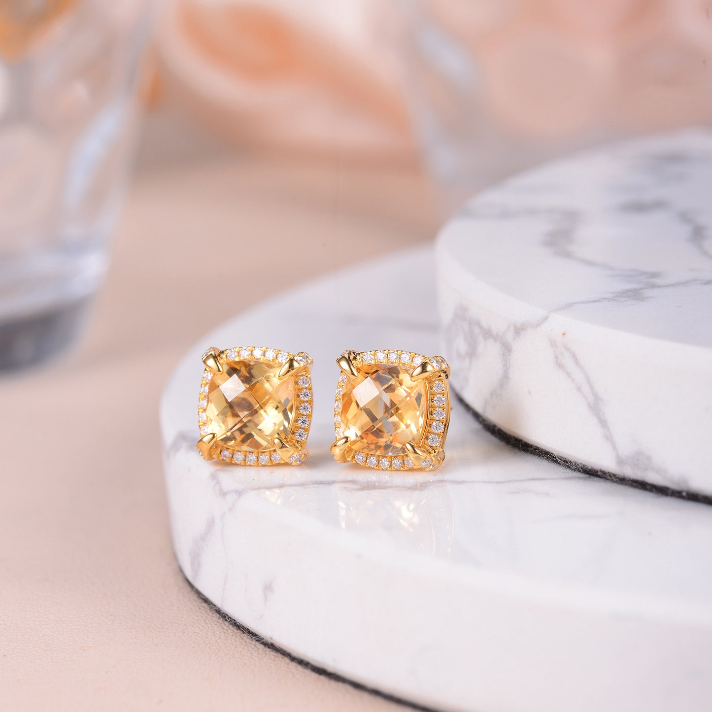 Soleste Halo Square Natural Yellow Crystal Silver Stud Earrings