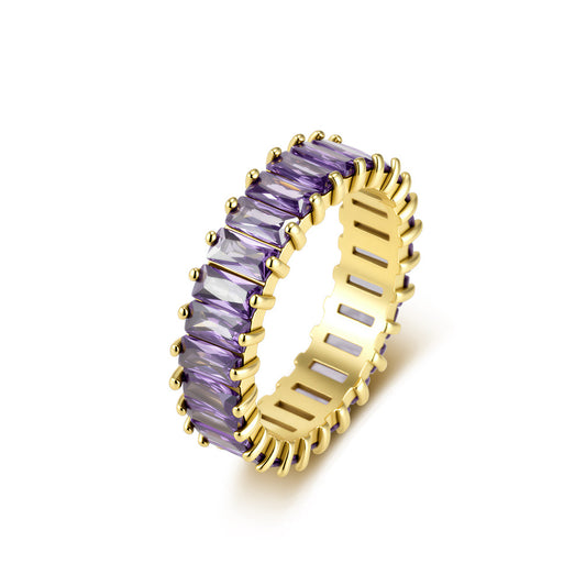 Stainless Steel Claws Rectangular Zircon Full Zircon Ring Women's Gold-Plated