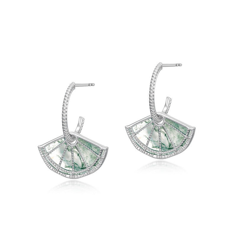 S925 Sterling Silver Moss Agate Fan Stud Earrings