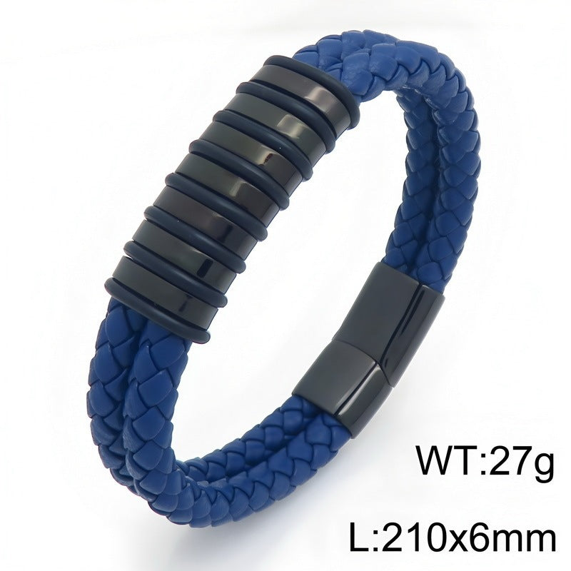 Blue/Black Leather Bracelet Double Layer Braided Microfiber Leather Stainless Steel