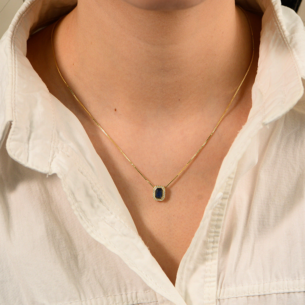 Planderful S925 Sterling Silver Necklace With Blue Zircon Square Pendant For Women Elegant Light Luxury Collarbone Chain