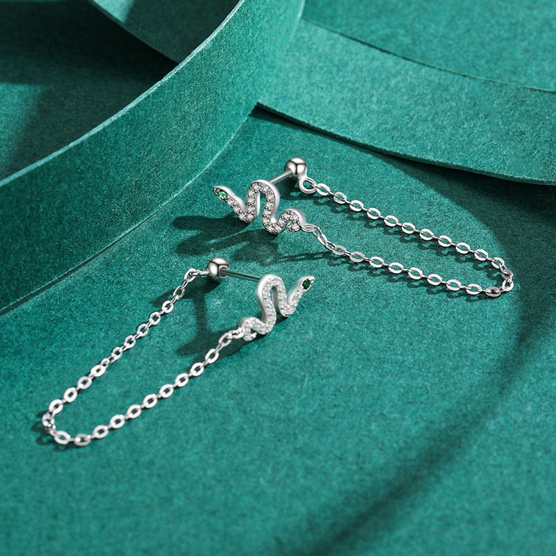 Silver Plated Snake Tassel Zircon Earrings with Sterling Silver Needles