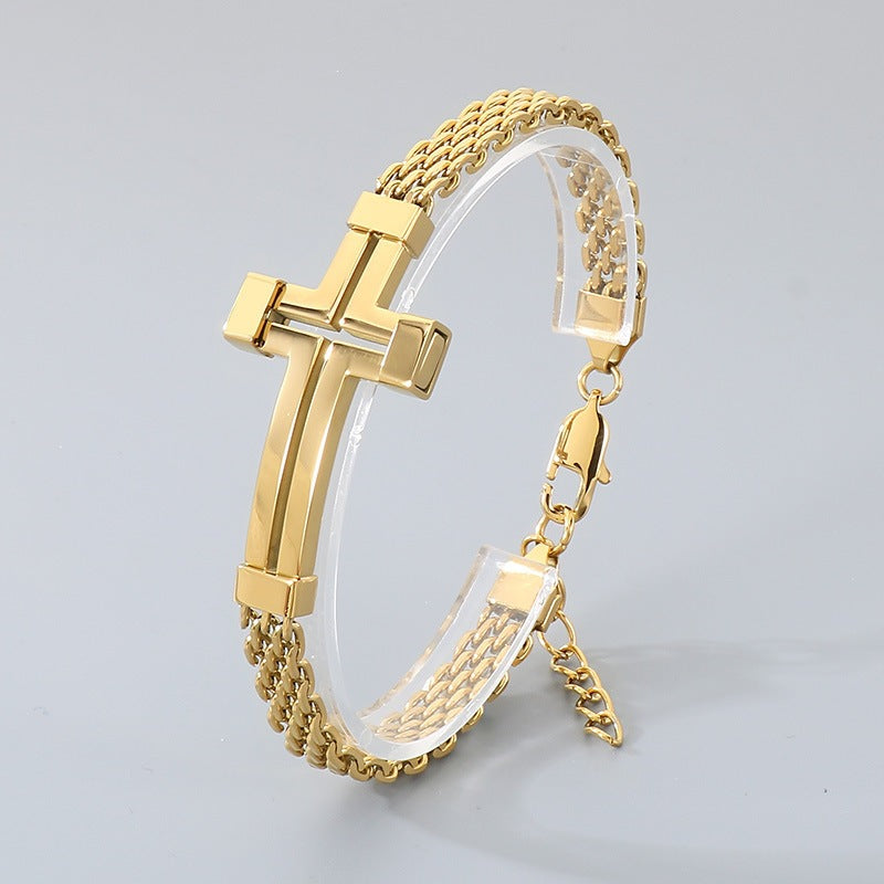 Men Wear – Stainless Steel Curved Bar Hollow Cross Men's Bracelet Can Be Adjusted