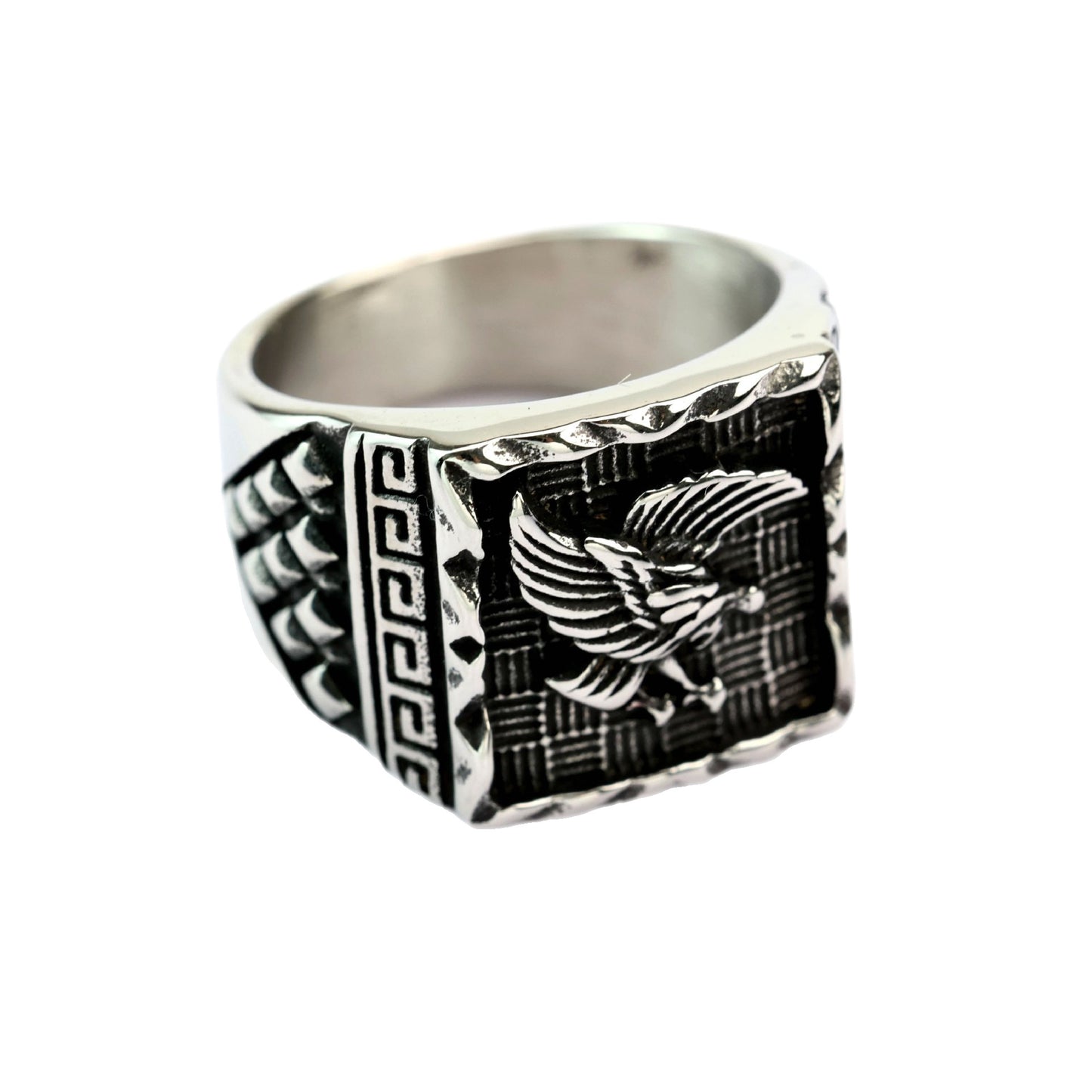 Stainless Steel Eagle Ring Great Wall Pattern Unisex Retro Square Timeless Bold Jewelry By Planderful
