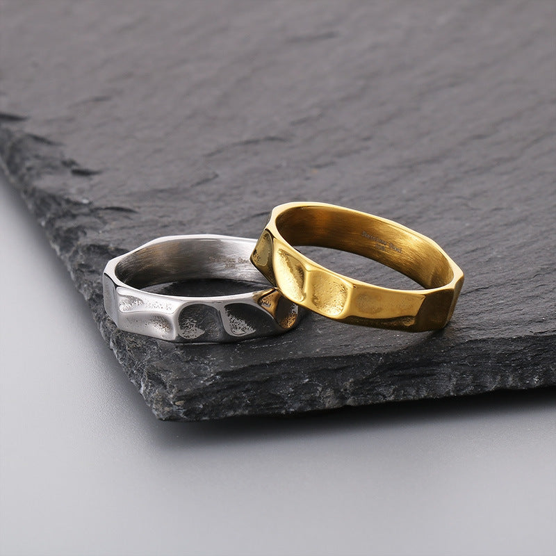 Niche Design Texture Stainless Steel Men's Rings, Trendy Men's Irregular Texture Titanium Steel