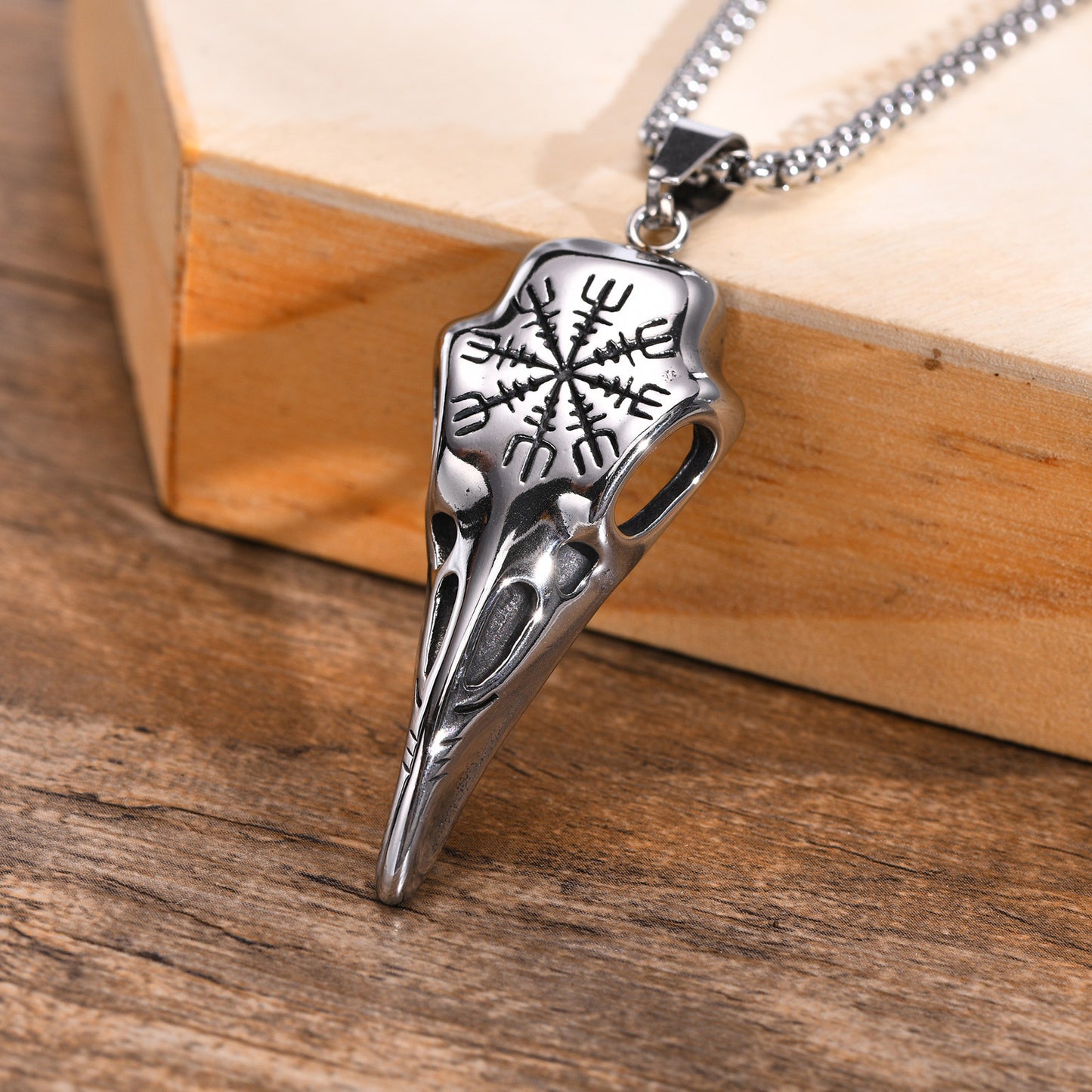 Stainless Steel Viking Crow Skull Pendant Gold Men's Necklace