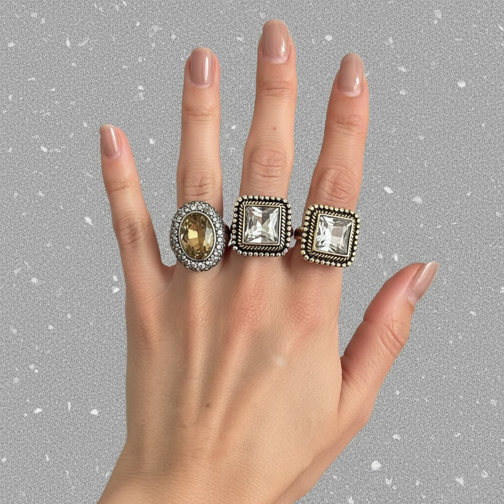 Planderful Vienna Verve Vintage Geometric Inlaid Zircon Open Ring Handcrafted Statement Jewelry For Women