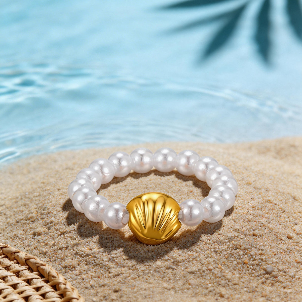 Stainless Steel Starfish Shell Imitation Pearl Summer Seaside Vacation Wind Ring